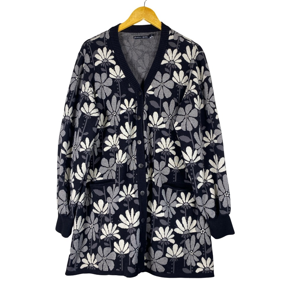 Gudrun Sjoden Organic Cotton Floral Cardigan Black Longline Sweater XL Boho Chic